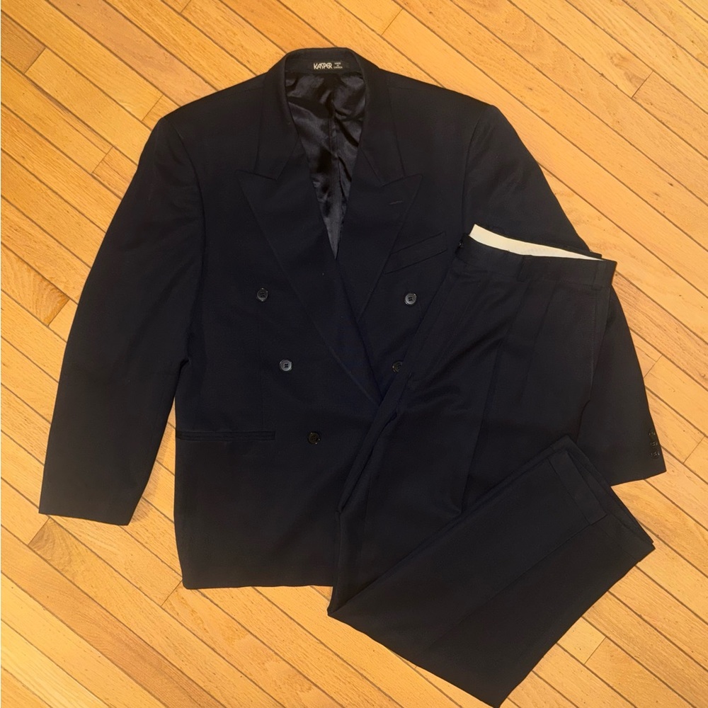 Vintage Kasper Pure Wool Double-Breasted Suit Set – Navy | Approx. 42R